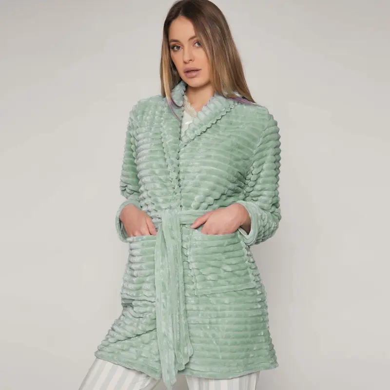 57359-0 - Vestaglia in coral con bottoni e cintura a canaletto