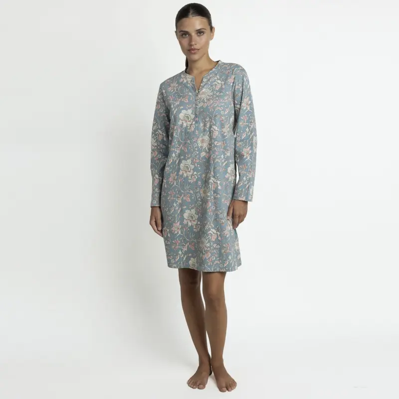 61534-0 - Camicia da notte scollo a V serafino in caldo cotone stampato a fiori