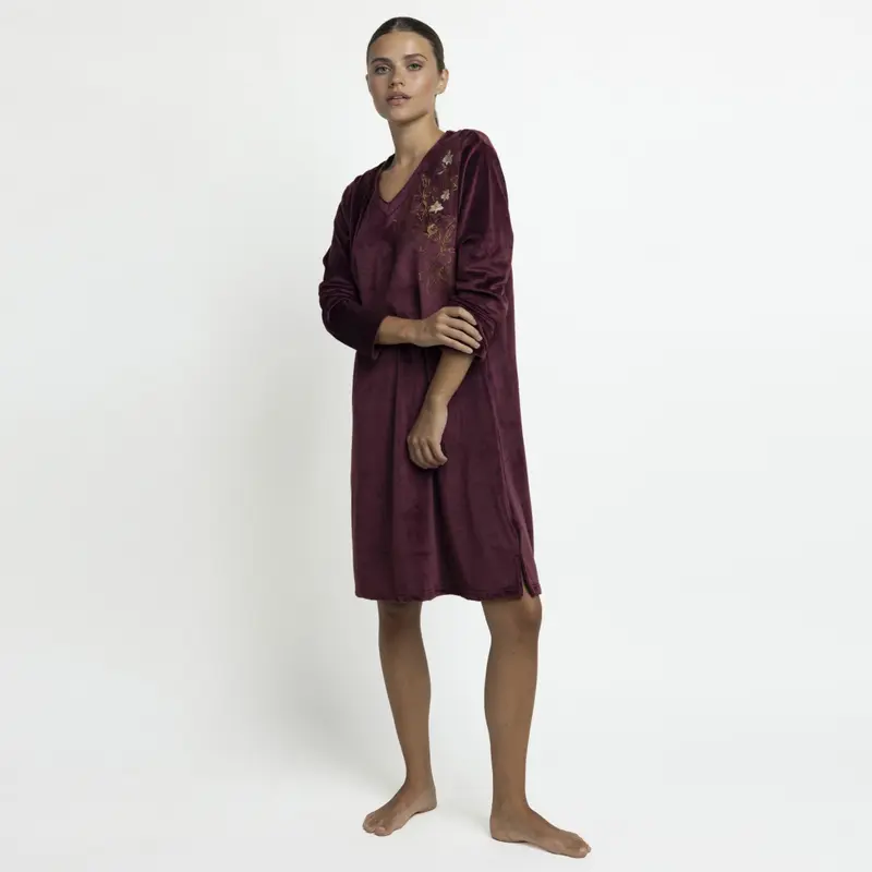 61546-0 - Canotta da donna a maniche lunghe in ciniglia con fiori bianchi e bordeaux