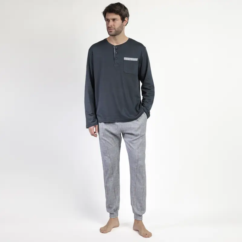 63755-0 - Pigiama uomo caldo cotone con polsini e pantalone principe galles