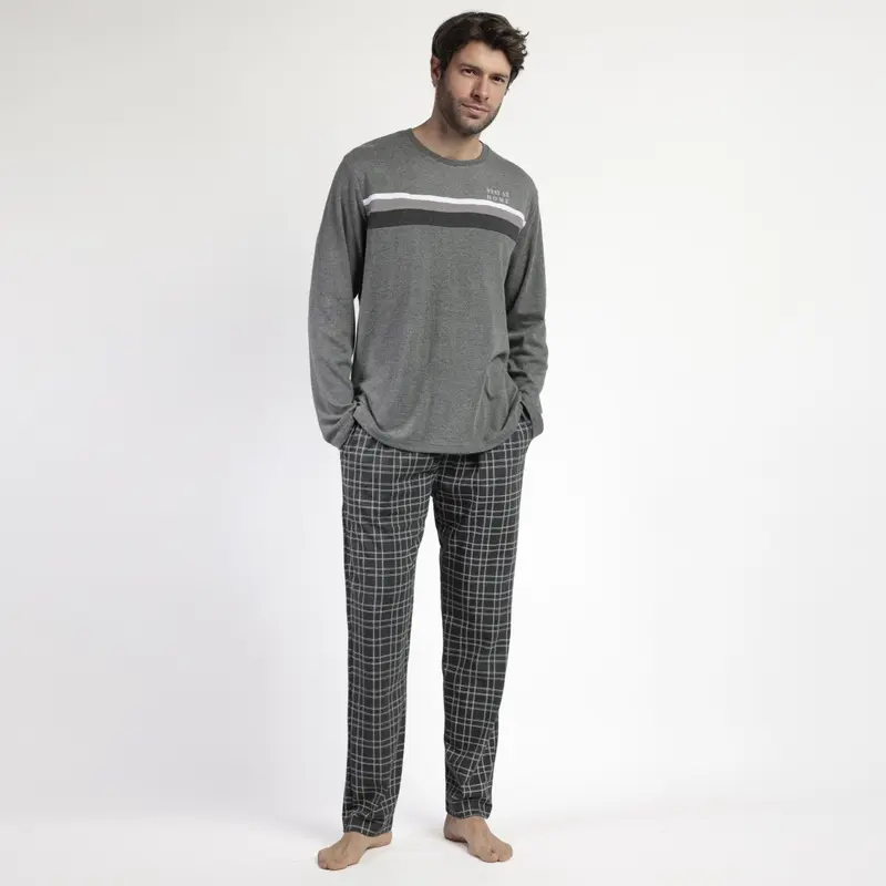63791-0 - Pigiama uomo caldo cotone con pantalone quadri senza polsini