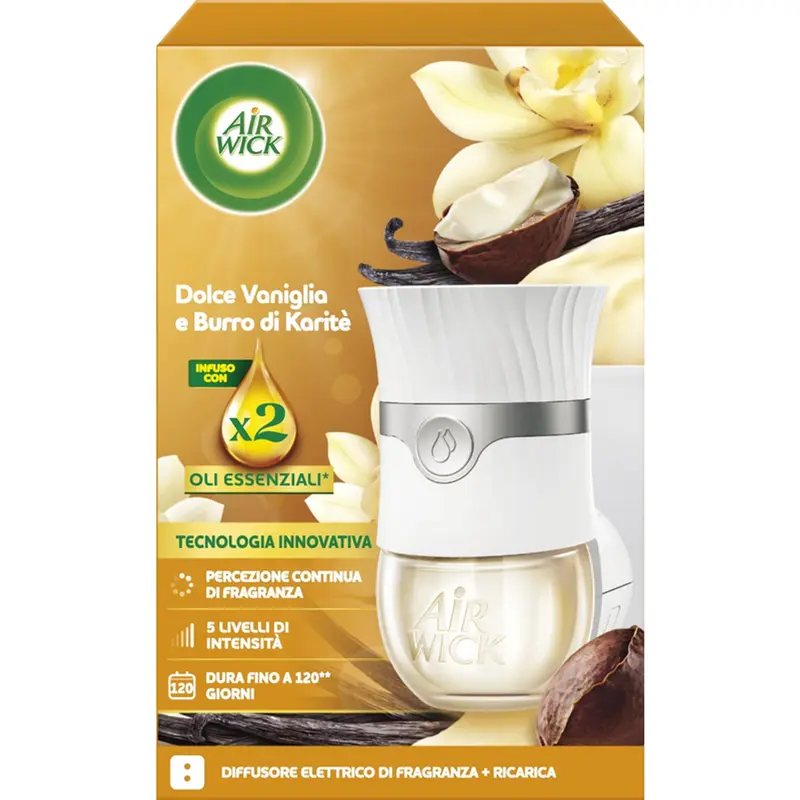 AIR WICK DIFFUSORE ELETTRICO DI FRAGRANZA+RICARICA X2 OLI ESSENZIALI DOLCE VANIGLIA E BURRO DI KARITE'