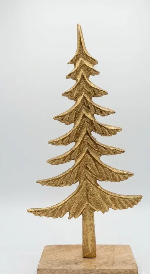 Albero di Natale in Alluminio Oro 26 cm con Base in Legno – Decorazione Premium