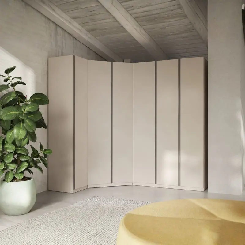 Armadio angolare reversibile Londra con ante battenti colore cashmere e maniglia antracite