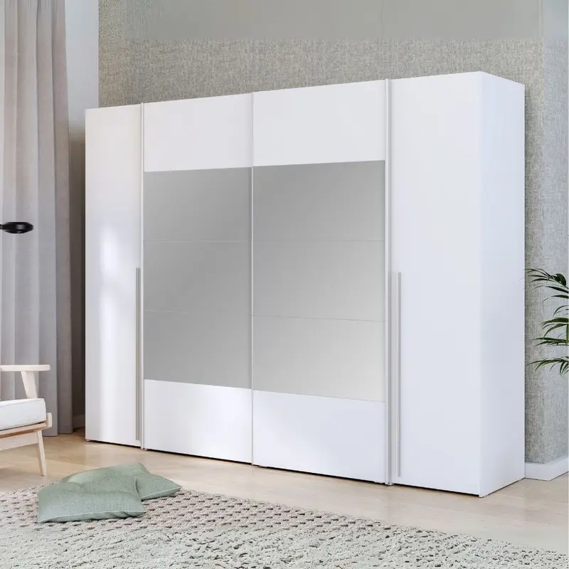 Armadio Callia con 2 ante battenti colore bianco e 2 ante scorrevoli con specchio 270.3x61.2xH210.5 cm.