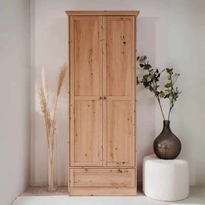 Armadio Timber 40A con 2 ante e 1 cassetto in rovere anticato con pomelli in metallo