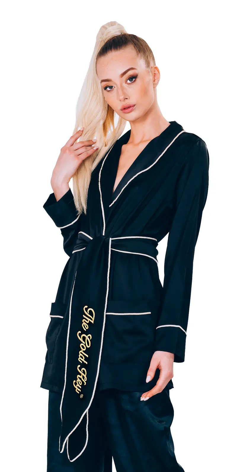 BLACK SATIN BELT PAJAMA