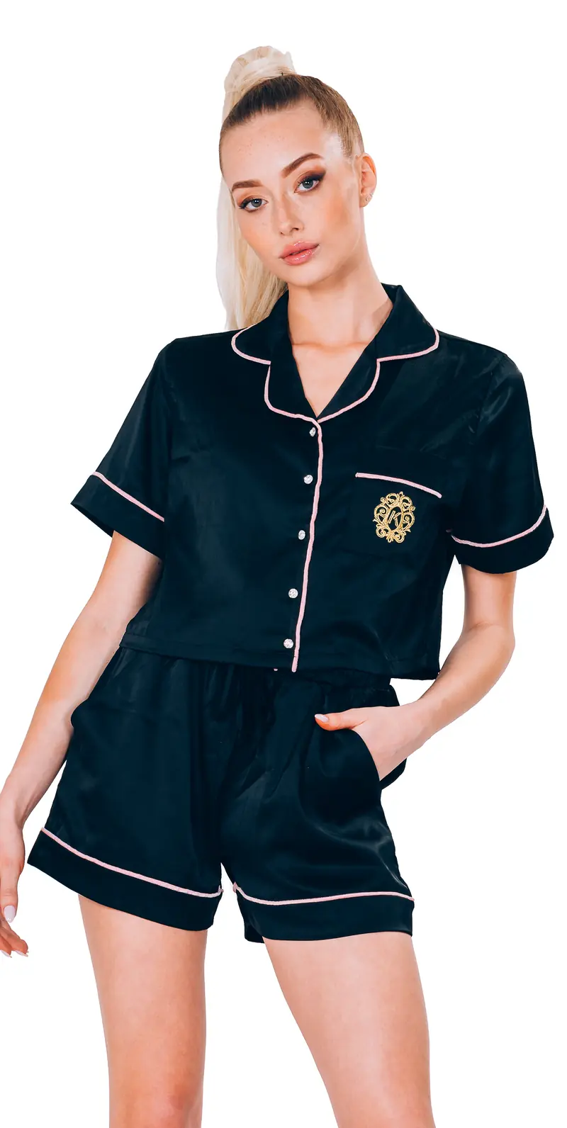BLACK SATIN PAJAMA - SHORT