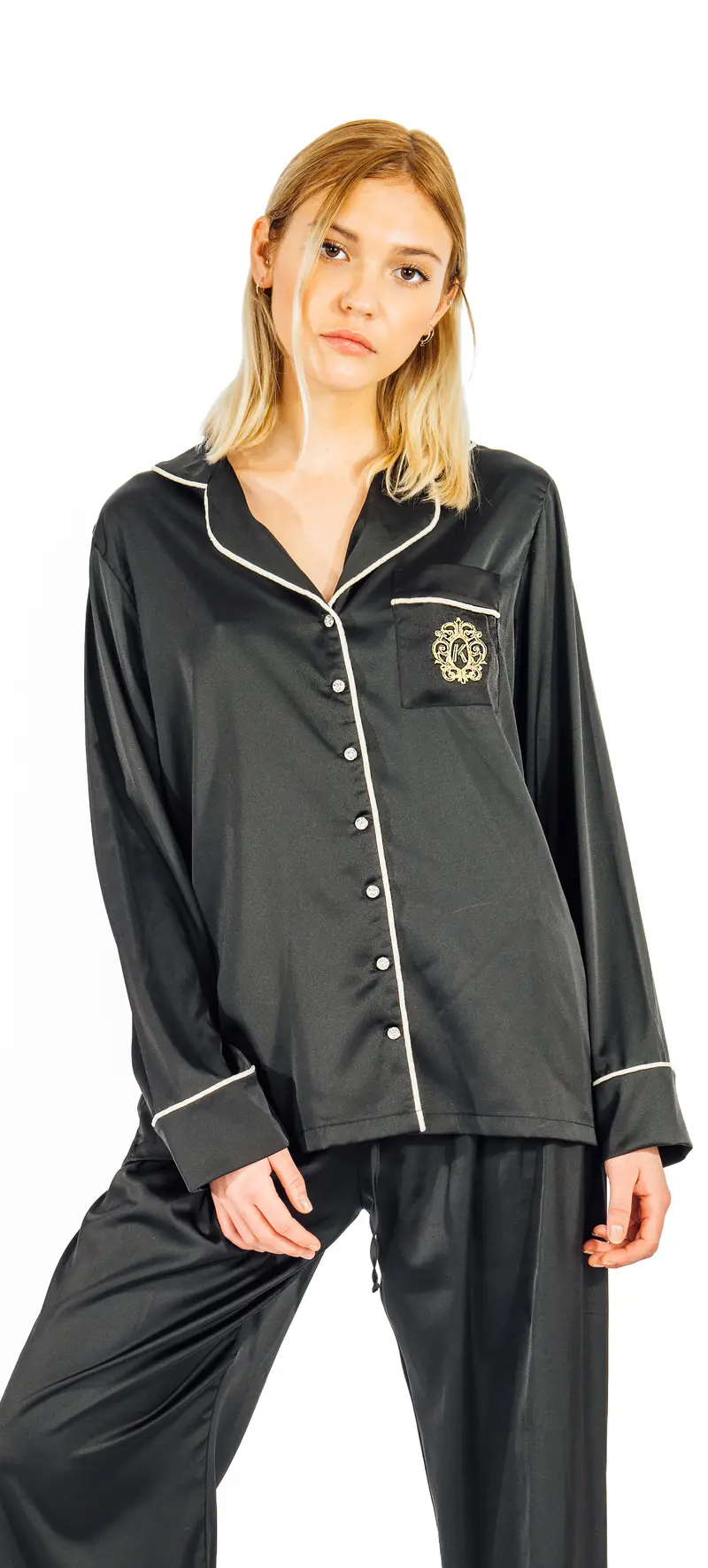 BLACK SATIN PAJAMA WITH SWAROVSKI BUTTONS
