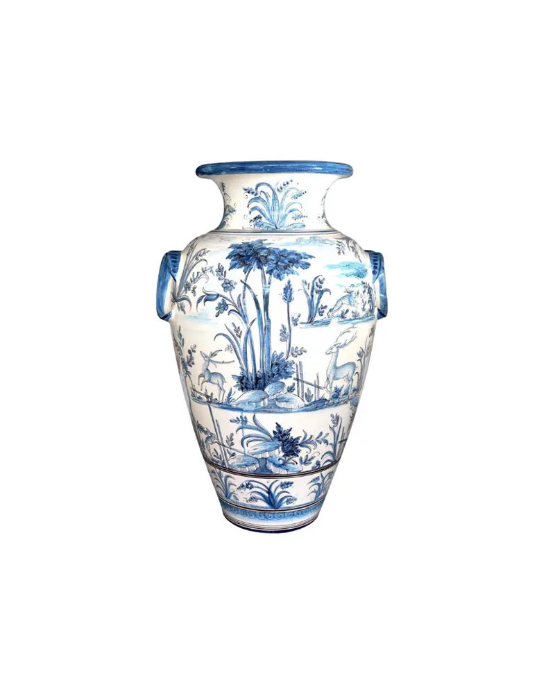 Blue and White Ceramic Umbrella Stand with Deer Motif