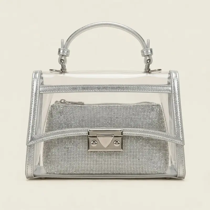Borsa a Mano Trasparente 2-in-1 con Pochette in Strass e Tracolla a Catena
