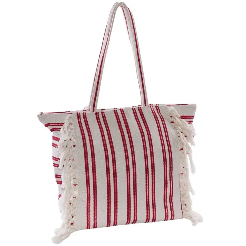 Borsa in cotone a strisce con frange 51XH35