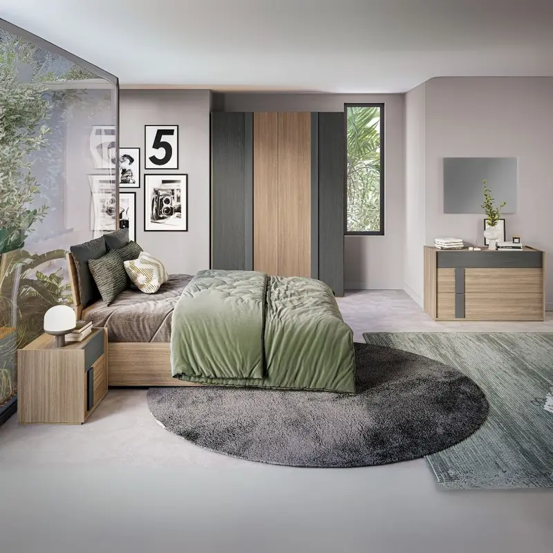 Camera da letto Faba con armadio 4 ante noce e grigio e letto contenitore in legno noce