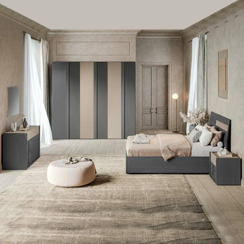 Camera da letto Faba con armadio 6 ante battenti in grigio e talco e letto contenitore in legno colore grigio e dettaglio talco