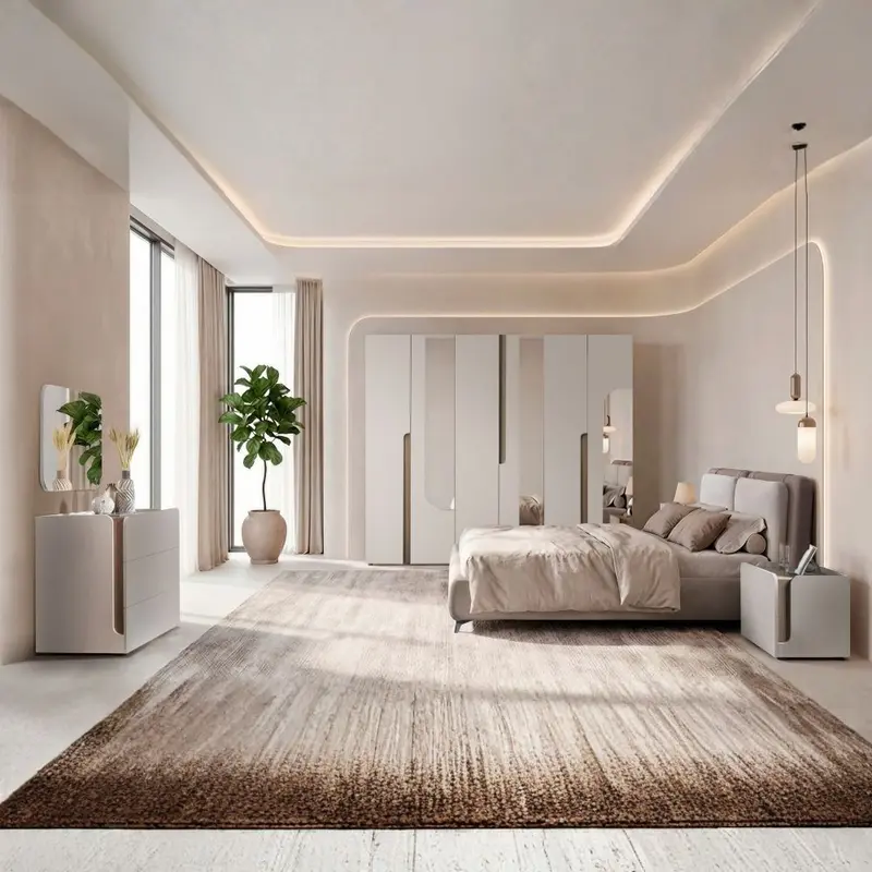 Camera da letto Loana con letto imbottito contenitore e armadio 6 ante con specchi colore cashmere biscotto