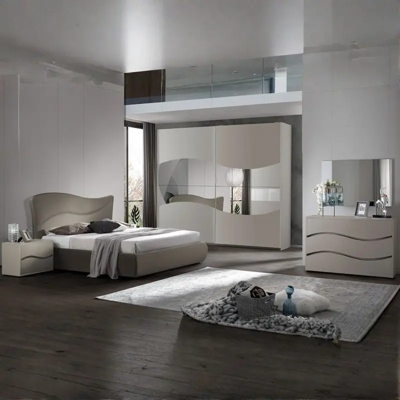 Camera da letto matrimoniale Soave con letto contenitore e armadio 2 ante scorrevoli con specchi colore grigio