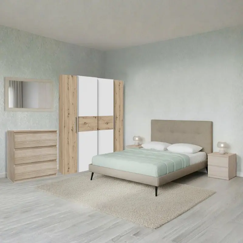 Camera da letto Milk con armadio 2 ante scorrevoli e 2 ante battenti rovere e bianco e letto Stiletto tortora