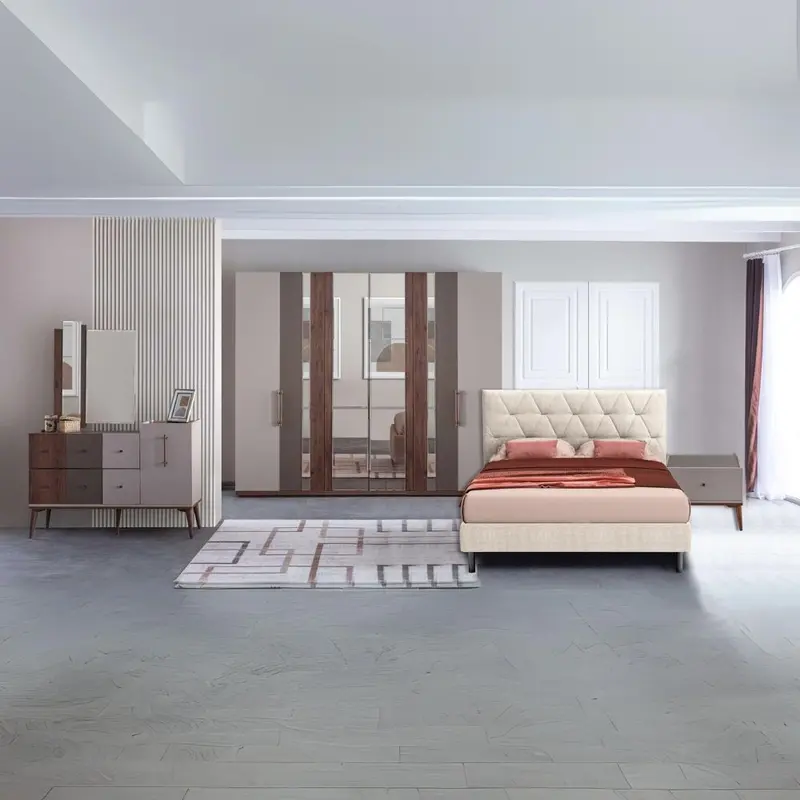 Camera da letto Pastel in colore beige, noce e dark coffee