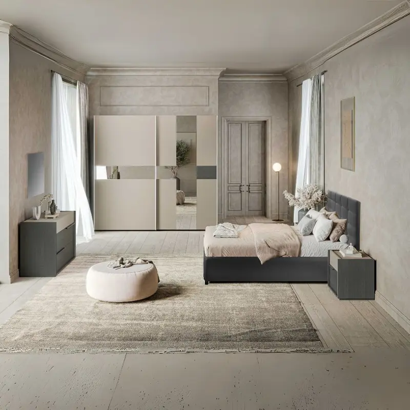 Camera da letto Tania in grigio e talco con armadio 2 ante scorrevoli con specchi e letto contenitore Napoli grigio