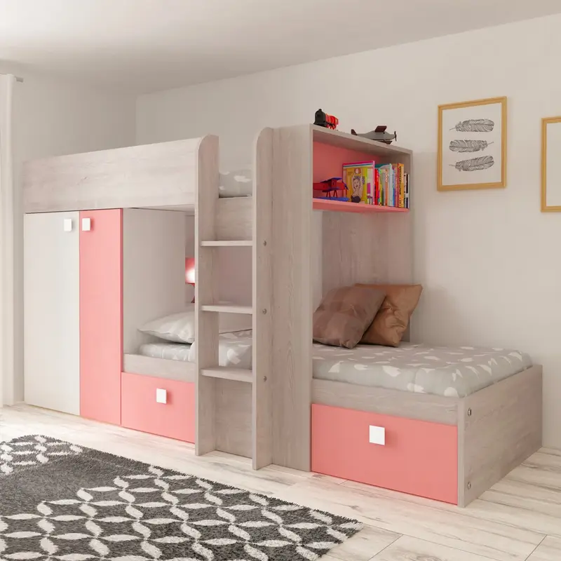 Cameretta 1267 con letto a castello con due cassettoni e armadio reversibile colore bianco consumato e rosa flamingo