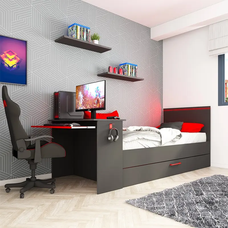 Cameretta 5040 con letto singolo con letto estraibile e scrivania incorporata colore antracite e rosso reversibile