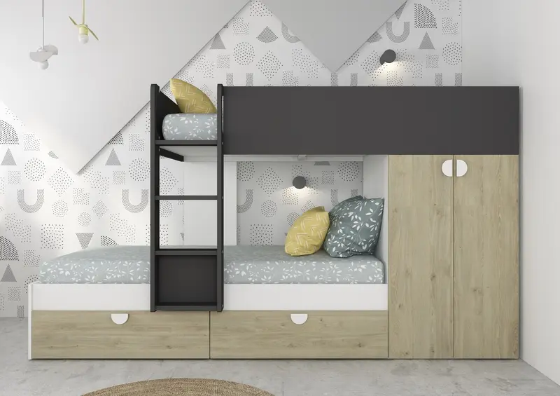 Cameretta con letto a castello con cassettoni e armadio reversibile colore rovere e antracite