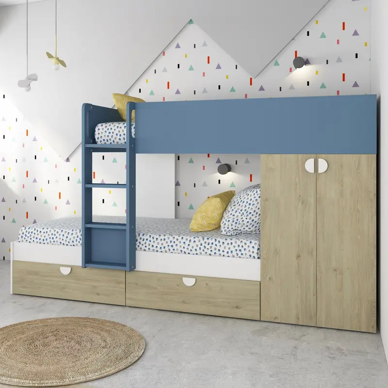 Cameretta con letto a castello con cassettoni e armadio reversibile colore rovere e azzurro