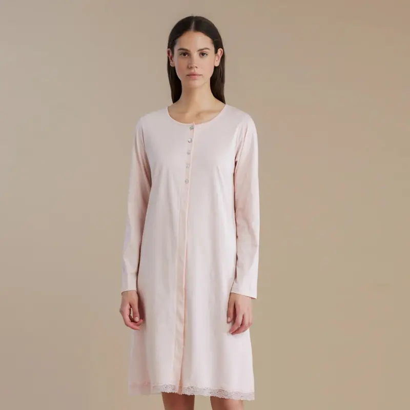 Camicia da notte in cotone manica lunga e dettagli in pizzo - LA3266AB