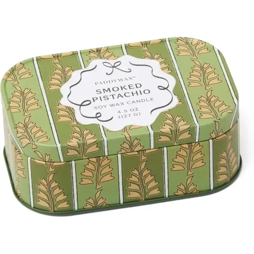 Candela Cherie in latta stampata da 127 g (4,5 oz) - Verde e kaki - Pistacchio affumicato