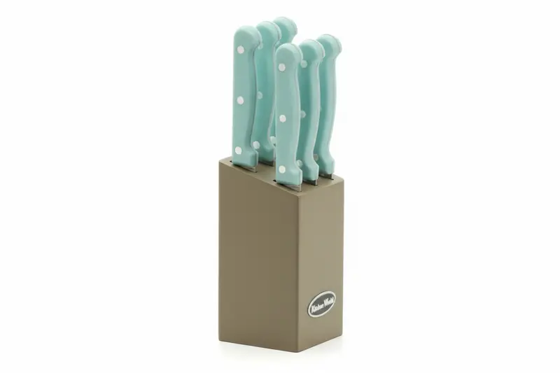 Ceppo Coltelli da Bistecca 7 Pezzi con Supporto in Legno – Coltelli Acciaio Azzurri