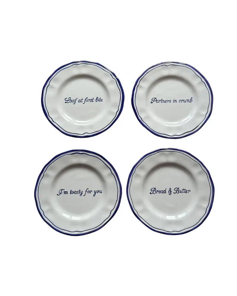 Ceramic Scalloped Blue Quote Bread Plate Set of 4