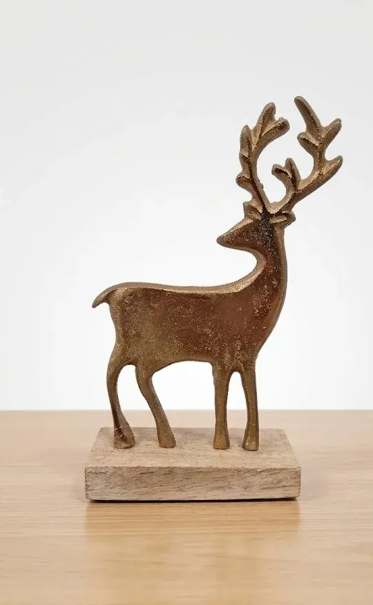 Cervo in Alluminio Oro 19 cm con Base in Legno – Eleganza Nordica per le Feste