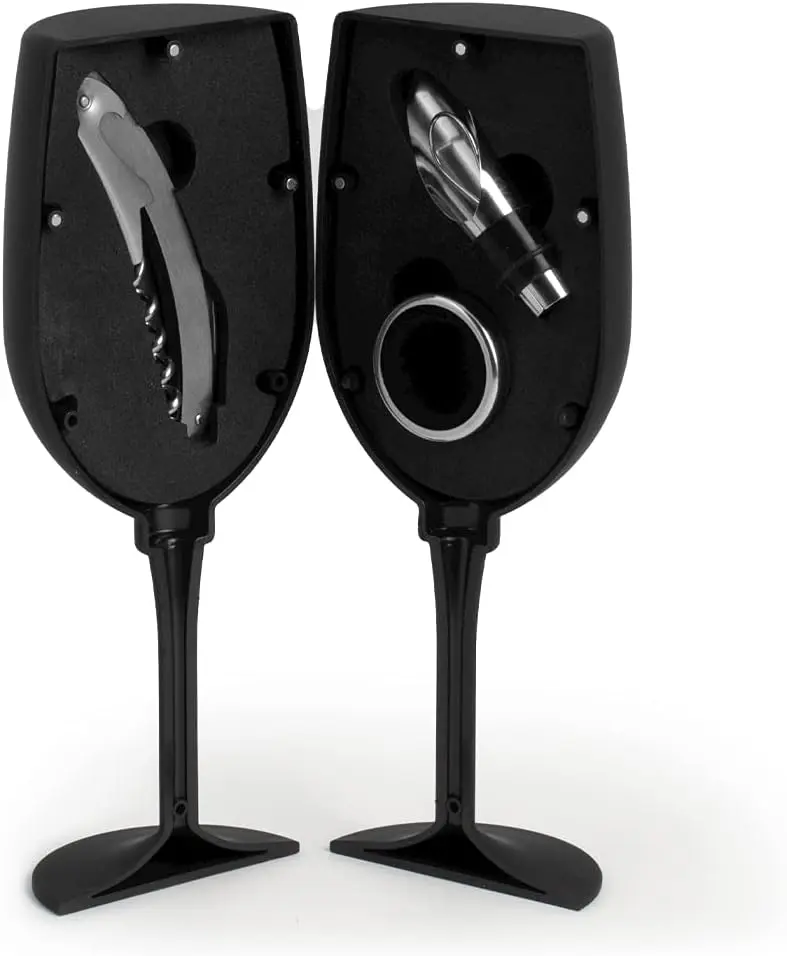 Cofanetto 4 pezzi somelier forma di calice colore nero con gadget.H&H