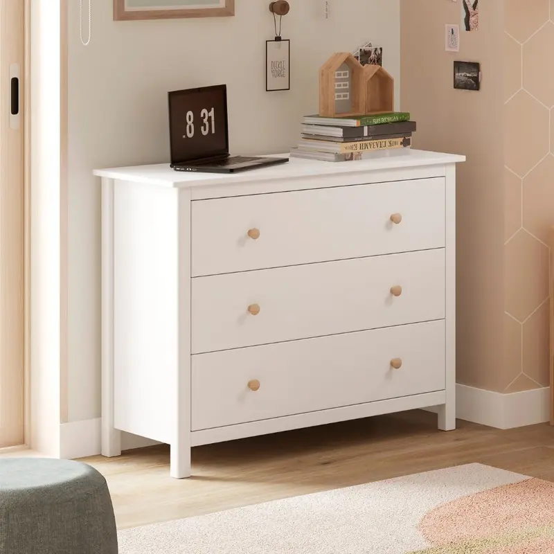 Comò Max 3 cassetti in legno massiccio colore bianco
