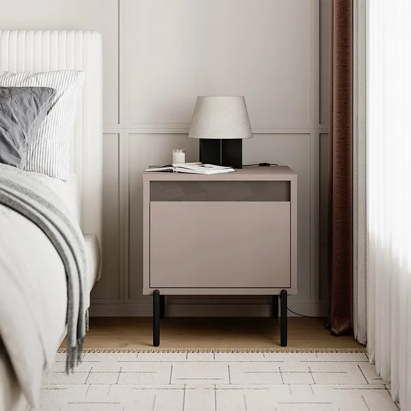 Comodino Mott con cassetto tortora e dark coffee con dettaglio decorativo