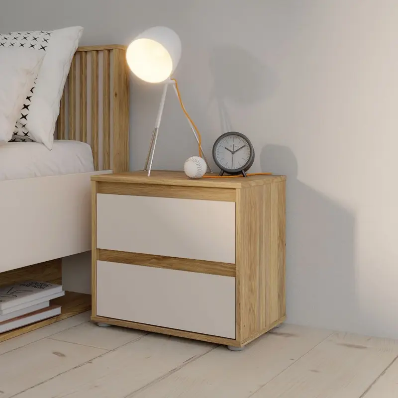 Comodino Neutra 2 cassetti con struttura rovere e frontali cassetti cashmere