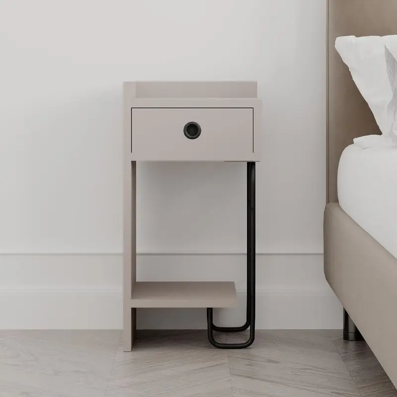 Comodino Sirius con cassetto colore tortora e gamba in metallo nero sinistro