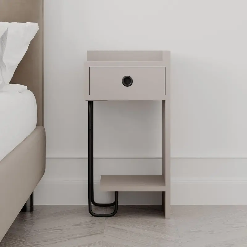 Comodino Sirius con cassetto tortora e gamba in metallo nero destro