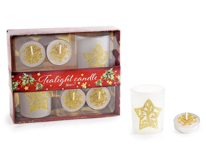 Confezione regalo con 4 Tea light decorate e 2 portacandela vetro