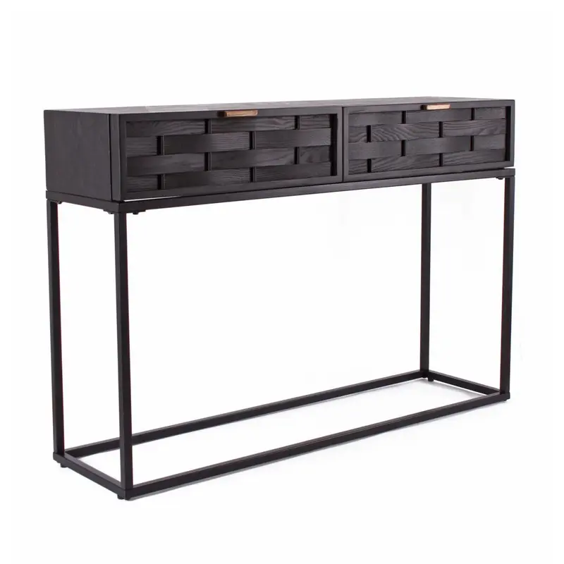 Consolle nera in legno di pino intrecciato e metallo Macao 120X35H82