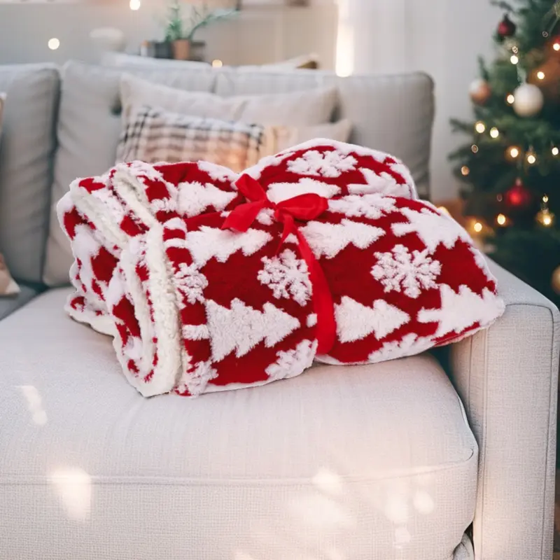 Coperta in Tessuto Sherpa con Pattern Natalizio - 3 Dimensioni - 3 Colori assortiti