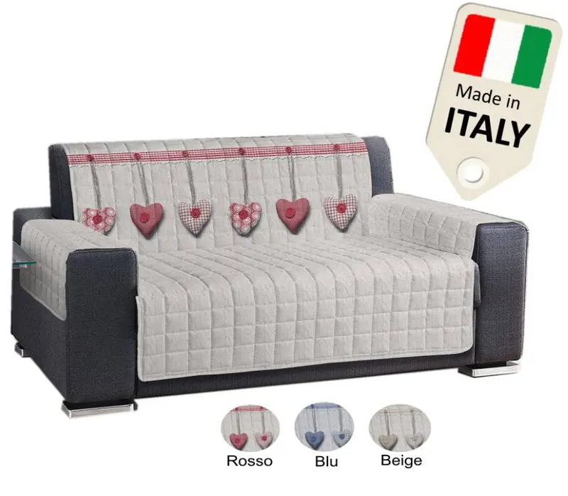 Copridivano 4 posti Antiscivolo trapuntato shabby cuori rossi prodotto italiano