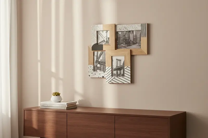 Cornice Multipla in Legno per 4 Foto con Motivi Geometrici