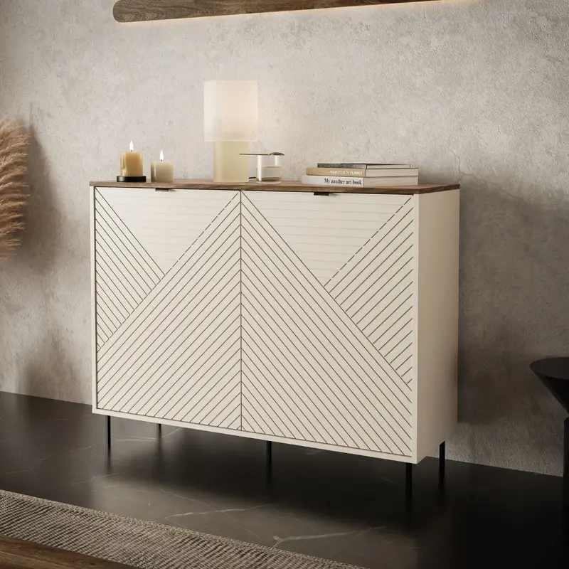 Credenza Mirage01 con 2 ante cashmere con motivo geometrico e top rovere