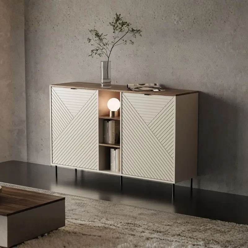 Credenza Mirage08 con 2 ante con motivo geometrico e ripiani a giorno colore cashmere e rovere