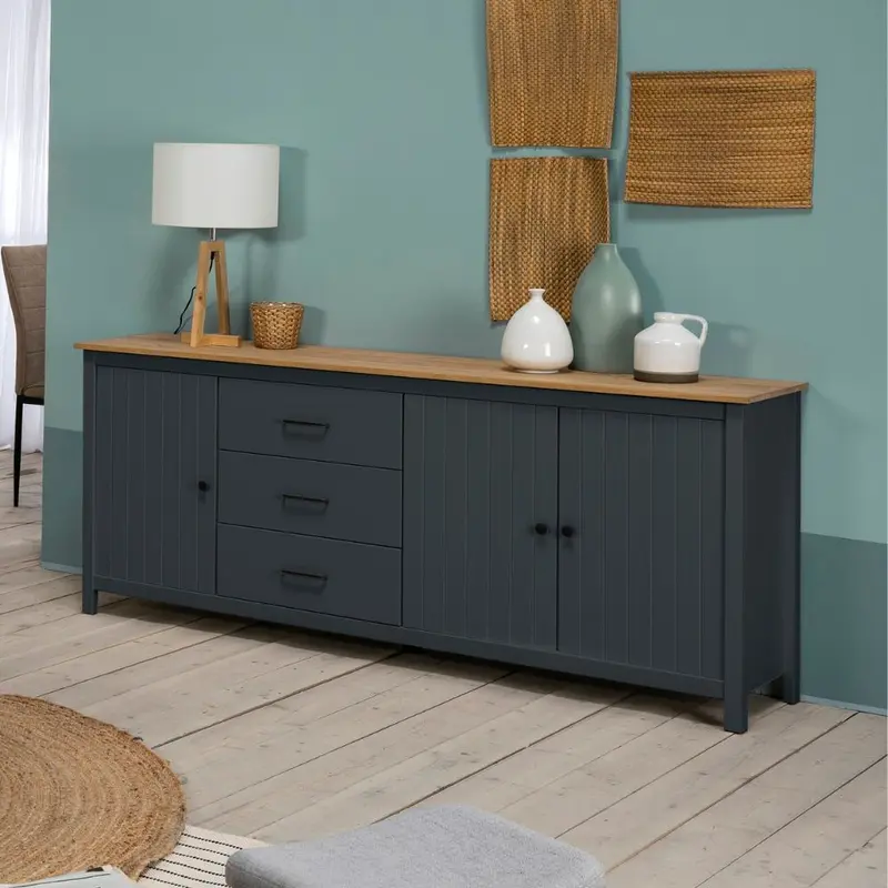 Credenza Miranda con 3 ante e 3 cassetti in legno massiccio blu con top pino
