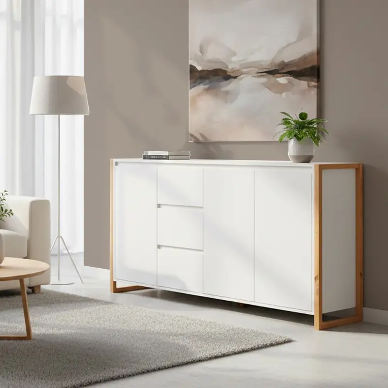 Credenza New Denver3 con 3 cassetti e 3 ante battenti in bianco e rovere
