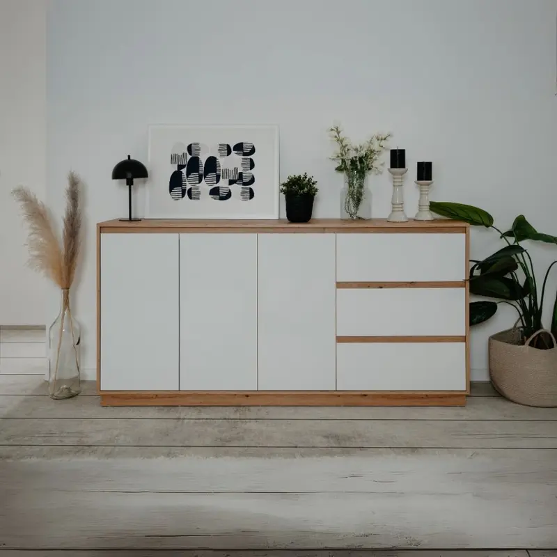 Credenza Phoenix 51A 3 ante e 3 cassetti con struttura rovere e frontali bianco