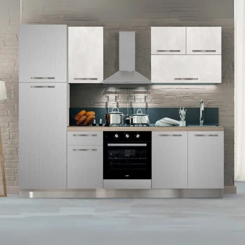 Cucina bloccata Molly in canyon white con struttura tortora e pensili spatolato 255x216H cm elettrodomestici inclusi