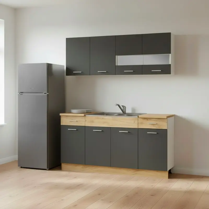Cucina monoblocco 160 cm Erika in colore grigio matera e rovere con fianchi bianchi